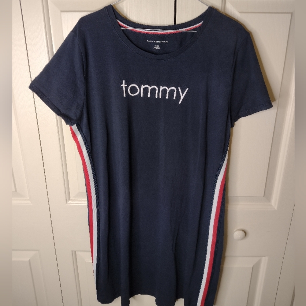 Tommy Hilfiger Womens Navy Blue T-Shirt Dress XL Embroidered Spellout Striped